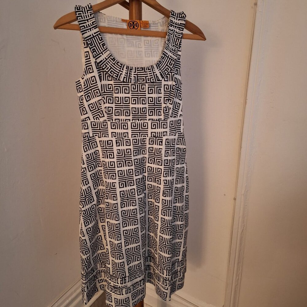 Tory Burch Black and White Greek Key Motif Sleeveless Dress